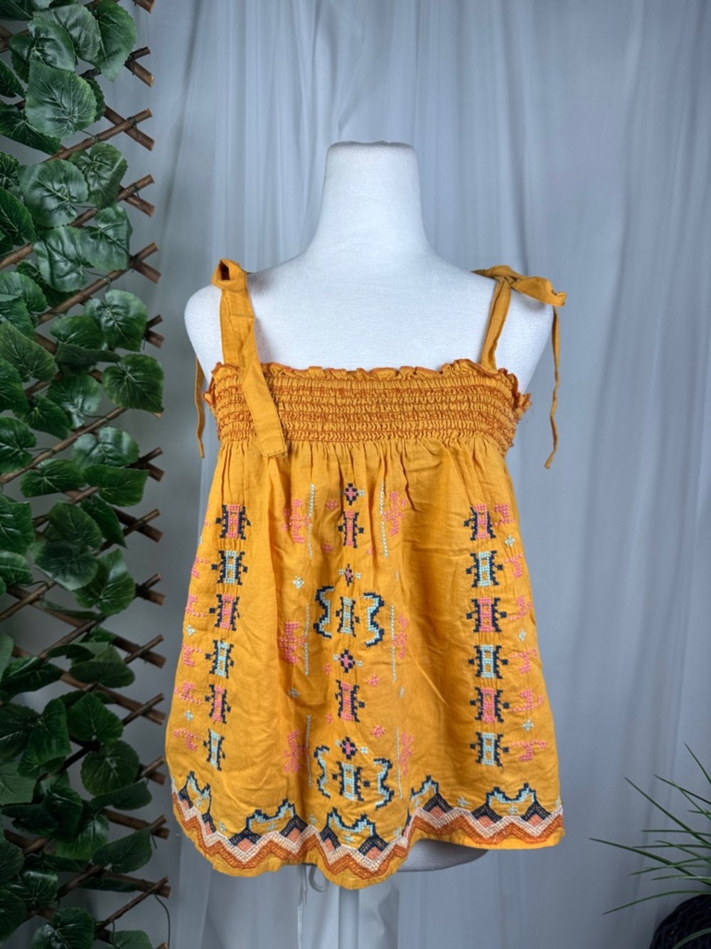 Rachel Zoe Mustard Yellow Embroidered Smocked Tank Top